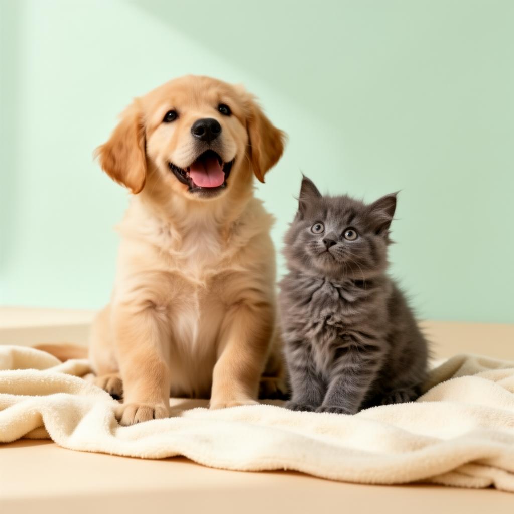 Cachorro e gato felizes em fundo premium menta